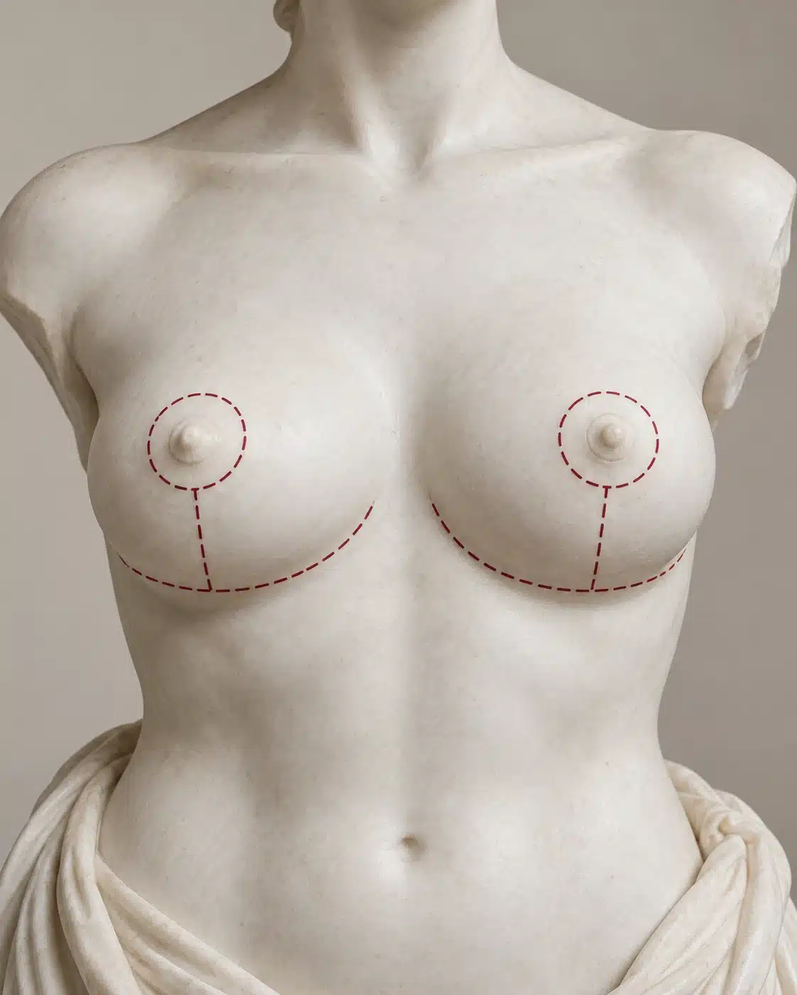 Illustrazione didattica su statua in marmo: incisioni periareolari, verticali e al solco sottomammario della mastoplastica riduttiva a T invertita